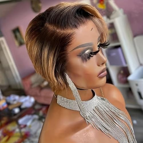 6 Zoll kurze lockige Pixie Perücke, 13 x 4 x 1 Spitzenperücke Echthaar Perücke, mit Pony Pixie Schnitt Perücke, for Frauen tägliche Verwendung auf Partys Cosplay.(Gradient brown) von GIGBIRD