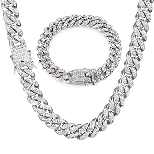 GIHENHAO Mens Cuban Link Chain Silver Miami Cuban Necklace Bracelet Bling Diamond Chain for Mens Women 13MM Hip Hop Jewelry von GIHENHAO