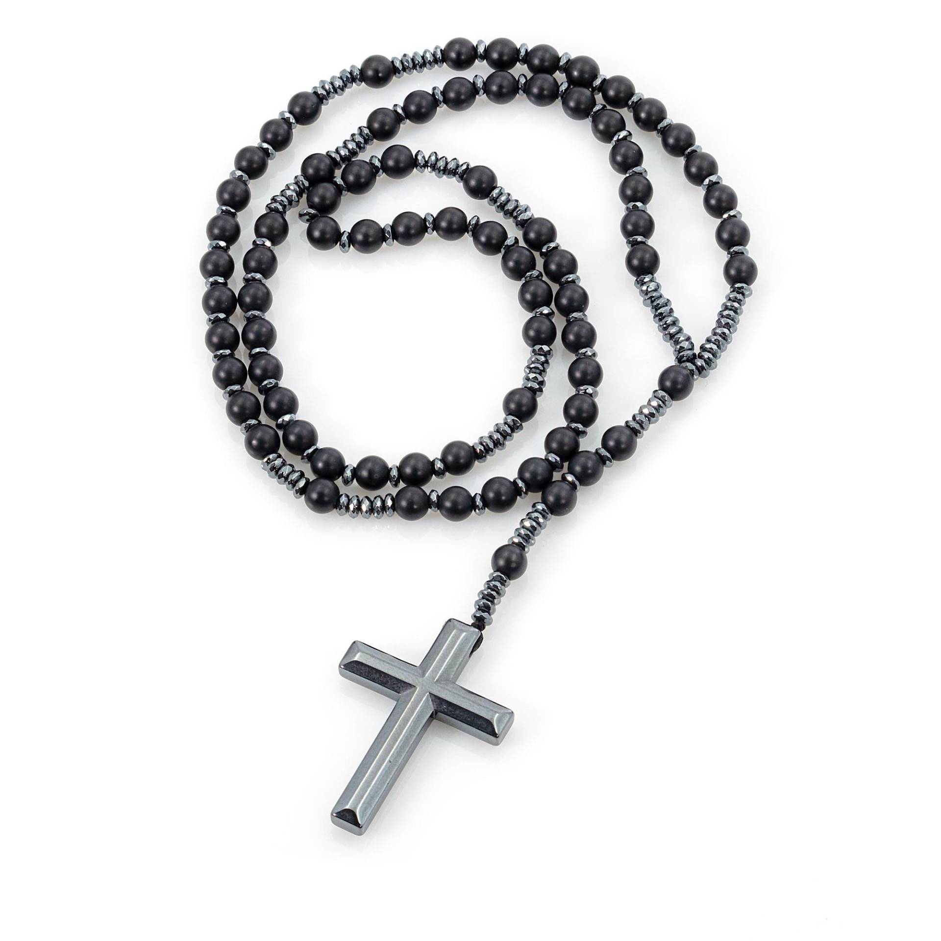 Kette Halskette Rosenkranz 6mm Onyx Tigerauge Hämatit Kreuz Länge Ca. 78cm Perlenhalskette Damen Herren von GIIOAS