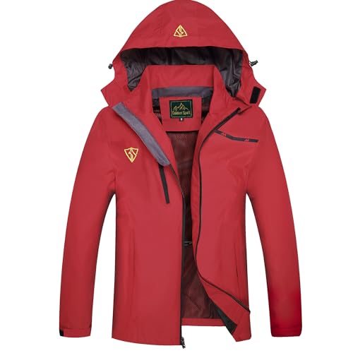 GIISAM Wasserdichte Damen-Regenjacke, leicht, winddicht, durchgehender Reißverschluss, verstaubarer Herbst-Regenmantel, Windbreaker mit Kapuze, Rot/Ausflug, einfarbig (Getaway Solids), XXX-Large von GIISAM