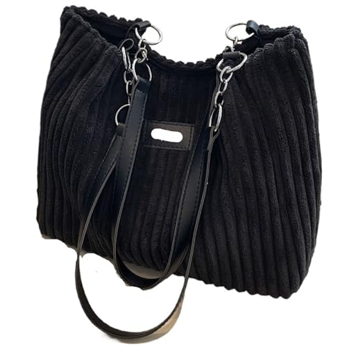 Cord Tasche Damen Damen-Umhängetasche aus Cord, einfarbige Handtasche, fester Schultergurt, Reißverschluss, großes Fassungsvermögen, schlicht und modisch(Black) von GIJMZY