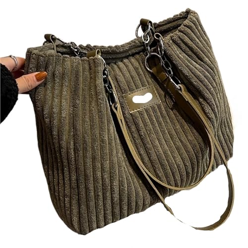 Cord Tasche Damen Damen-Umhängetasche aus Cord, einfarbige Handtasche, fester Schultergurt, Reißverschluss, großes Fassungsvermögen, schlicht und modisch(Green) von GIJMZY