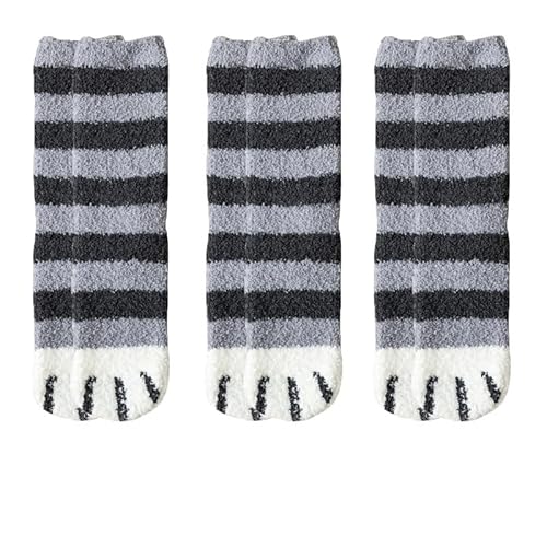 Flauschige Socken 3 paar Nette Katze Pfote Socken Frauen Winter Stretch Kontrast Farbe Korallen Fleece Verdicken Cartoon Schlaf Socke Fuzzy Gemütliche Plüsch warme Sox(3 streak grey) von GIJMZY