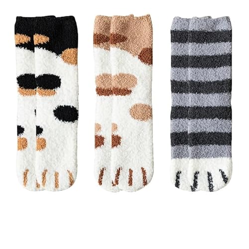 Flauschige Socken 3 paar Nette Katze Pfote Socken Frauen Winter Stretch Kontrast Farbe Korallen Fleece Verdicken Cartoon Schlaf Socke Fuzzy Gemütliche Plüsch warme Sox(Dot balck khaki grey) von GIJMZY
