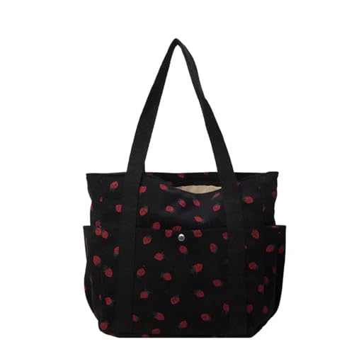GIJMZY Cord Tasche Damen Erdbeeren Cord Handtasche Süße Damentasche Modische Vielseitige Schultertasche Schöne Einfache Pendler Damen Tragetaschen(Black) von GIJMZY