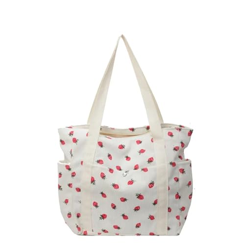 GIJMZY Cord Tasche Damen Erdbeeren Cord Handtasche Süße Damentasche Modische Vielseitige Schultertasche Schöne Einfache Pendler Damen Tragetaschen(White) von GIJMZY