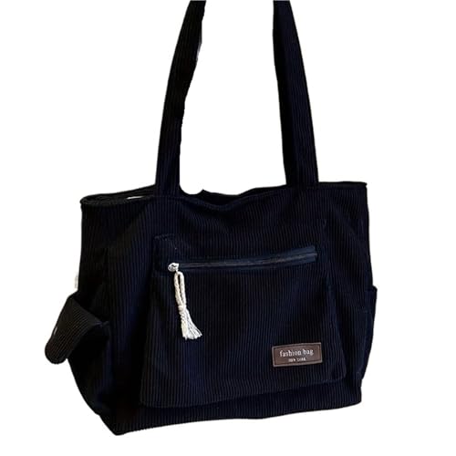 GIJMZY Cord Tasche Damen Schlichte Cord-Tragetasche, einfarbige Umhängetasche, Retro-Handtasche mit mehreren Taschen for den Schul-, Arbeits- und Einkaufsbummel(Black) von GIJMZY
