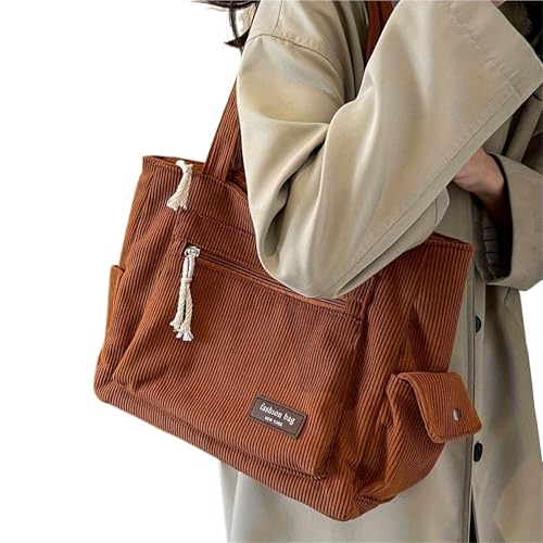 GIJMZY Cord Tasche Damen Schlichte Cord-Tragetasche, einfarbige Umhängetasche, Retro-Handtasche mit mehreren Taschen for den Schul-, Arbeits- und Einkaufsbummel(Brown) von GIJMZY