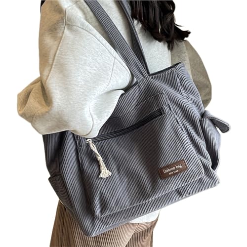 GIJMZY Cord Tasche Damen Schlichte Cord-Tragetasche, einfarbige Umhängetasche, Retro-Handtasche mit mehreren Taschen for den Schul-, Arbeits- und Einkaufsbummel(Grey) von GIJMZY