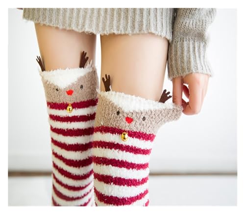 GIJMZY Flauschige Socken 2 STÜCK Tierische Thermomodellierungsstrümpfe Damen Weichkorallen Fleece Kniestrümpfe Mädchen Niedliche Bögen(Christmas deer) von GIJMZY