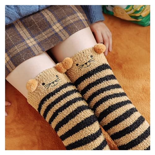 GIJMZY Flauschige Socken 2 STÜCK Tierische Thermomodellierungsstrümpfe Damen Weichkorallen Fleece Kniestrümpfe Mädchen Niedliche Bögen(Coffee Cat) von GIJMZY