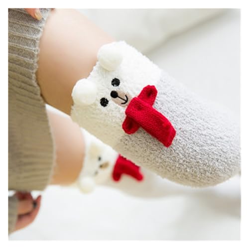 GIJMZY Flauschige Socken 2 STÜCK Tierische Thermomodellierungsstrümpfe Damen Weichkorallen Fleece Kniestrümpfe Mädchen Niedliche Bögen(Scarf bear) von GIJMZY