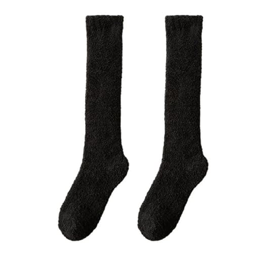 GIJMZY Flauschige Socken 2PC Candy Coral Fleece Lange Socken Frauen Plüsch Winter Warme Dicke Oberschenkel Strümpfe Oberschenkel Hohe Hause Schlafen Boden socke(Black) von GIJMZY
