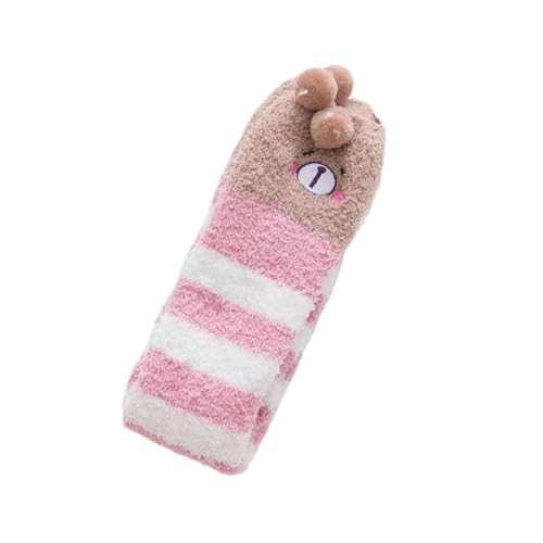 GIJMZY Flauschige Socken 2PC Frauen Gestreiften Cartoon Socken Gestickte Tier Korallen Fleece Socke Verdickt Warme frauen Nette Schlaf Über Die Knie socken(PK-WT-bear) von GIJMZY