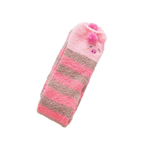 GIJMZY Flauschige Socken 2PC Frauen Gestreiften Cartoon Socken Gestickte Tier Korallen Fleece Socke Verdickt Warme frauen Nette Schlaf Über Die Knie socken(PK-pig) von GIJMZY