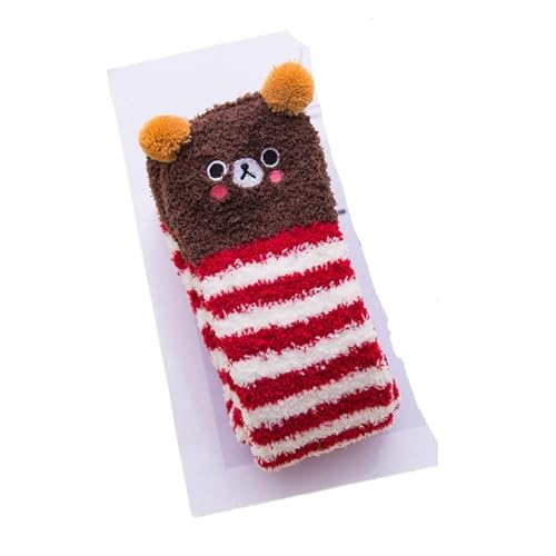GIJMZY Flauschige Socken 2PC Frauen Gestreiften Cartoon Socken Gestickte Tier Korallen Fleece Socke Verdickt Warme frauen Nette Schlaf Über Die Knie socken(RD-CF-cat) von GIJMZY