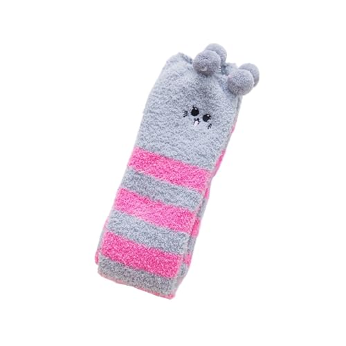 GIJMZY Flauschige Socken 2PC Frauen Gestreiften Cartoon Socken Gestickte Tier Korallen Fleece Socke Verdickt Warme frauen Nette Schlaf Über Die Knie socken(RD-GY-cat) von GIJMZY