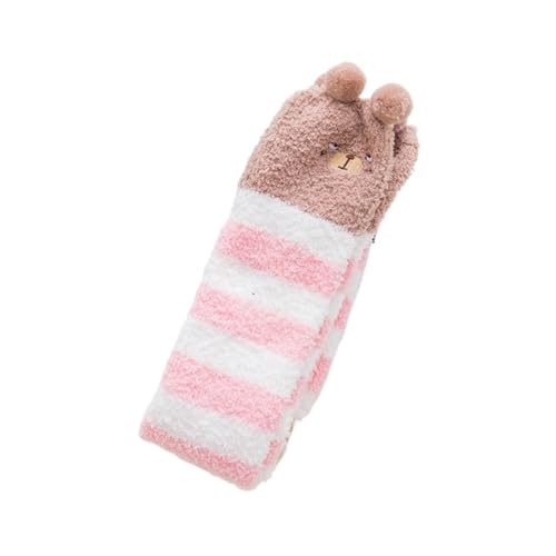 GIJMZY Flauschige Socken 2PC Frauen Gestreiften Cartoon Socken Gestickte Tier Korallen Fleece Socke Verdickt Warme frauen Nette Schlaf Über Die Knie socken(WT-OR-bear) von GIJMZY