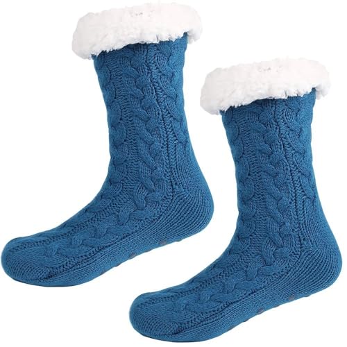 GIJMZY Flauschige Socken 2PC Herbst Fleece warme Weihnachtssocken mit selbstklebenden rutschfesten Bodensocken(Blue) von GIJMZY