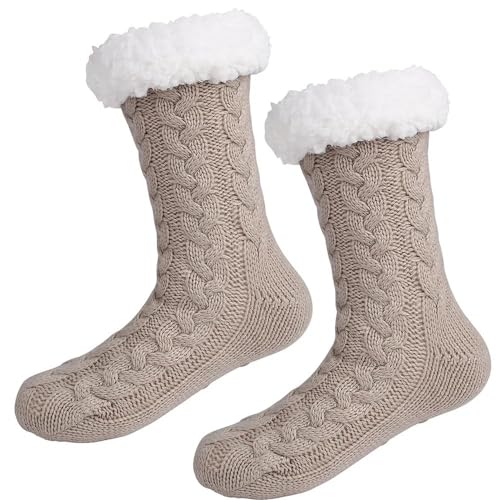 GIJMZY Flauschige Socken 2PC Herbst Fleece warme Weihnachtssocken mit selbstklebenden rutschfesten Bodensocken(Coffee) von GIJMZY