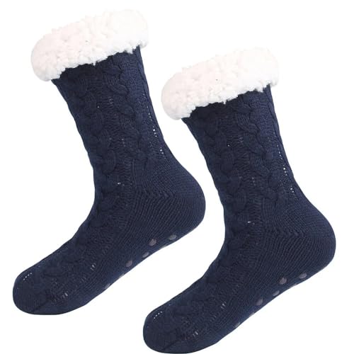 GIJMZY Flauschige Socken 2PC Herbst Fleece warme Weihnachtssocken mit selbstklebenden rutschfesten Bodensocken(Dark blue) von GIJMZY
