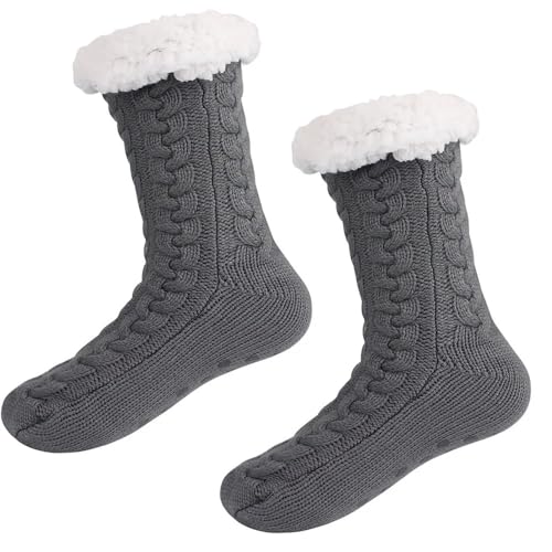 GIJMZY Flauschige Socken 2PC Herbst Fleece warme Weihnachtssocken mit selbstklebenden rutschfesten Bodensocken(Gray) von GIJMZY
