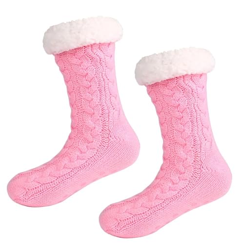 GIJMZY Flauschige Socken 2PC Herbst Fleece warme Weihnachtssocken mit selbstklebenden rutschfesten Bodensocken(Pink) von GIJMZY