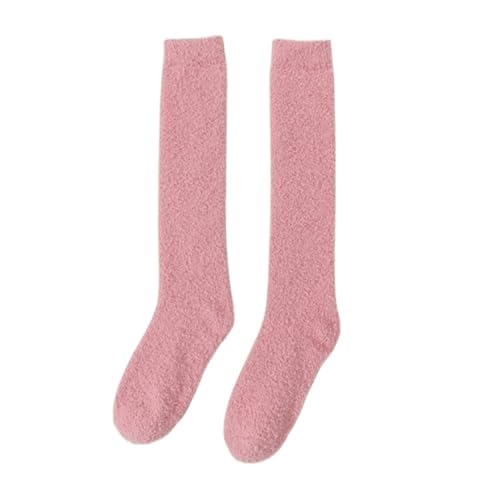 GIJMZY Flauschige Socken 2PC Winter Warme Korallen Fleece Über-knie Hohe Socken Frauen Plüsch Lolita Hause Schlafen Boden Lange Socke Jk Solide(PINK,Over knee high socks) von GIJMZY