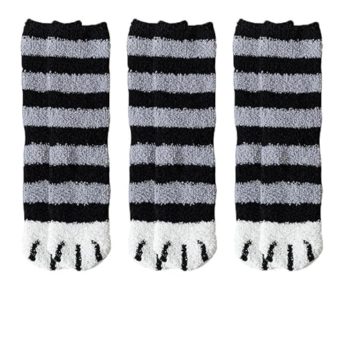 GIJMZY Flauschige Socken 3 paar Nette Katze Pfote Socken Frauen Winter Stretch Kontrast Farbe Korallen Fleece Verdicken Cartoon Schlaf Socke Fuzzy Gemütliche Plüsch warme Sox(3 streak black) von GIJMZY