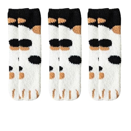 GIJMZY Flauschige Socken 3 paar Nette Katze Pfote Socken Frauen Winter Stretch Kontrast Farbe Korallen Fleece Verdicken Cartoon Schlaf Socke Fuzzy Gemütliche Plüsch warme Sox(3Dot balck) von GIJMZY
