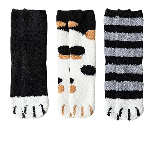 GIJMZY Flauschige Socken 3 paar Nette Katze Pfote Socken Frauen Winter Stretch Kontrast Farbe Korallen Fleece Verdicken Cartoon Schlaf Socke Fuzzy Gemütliche Plüsch warme Sox(3black color) von GIJMZY