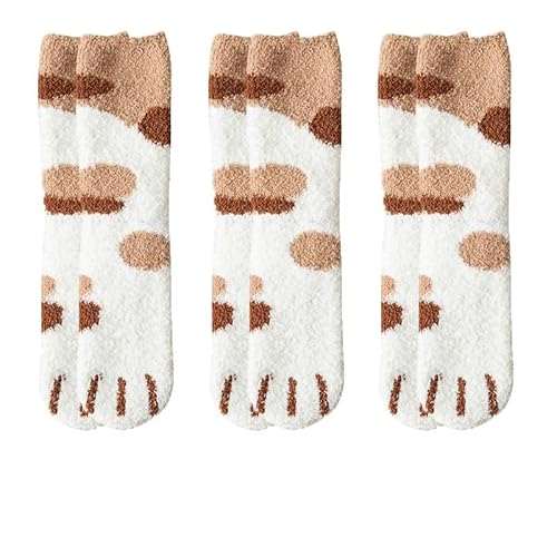 GIJMZY Flauschige Socken 3 paar Nette Katze Pfote Socken Frauen Winter Stretch Kontrast Farbe Korallen Fleece Verdicken Cartoon Schlaf Socke Fuzzy Gemütliche Plüsch warme Sox(3khaki) von GIJMZY