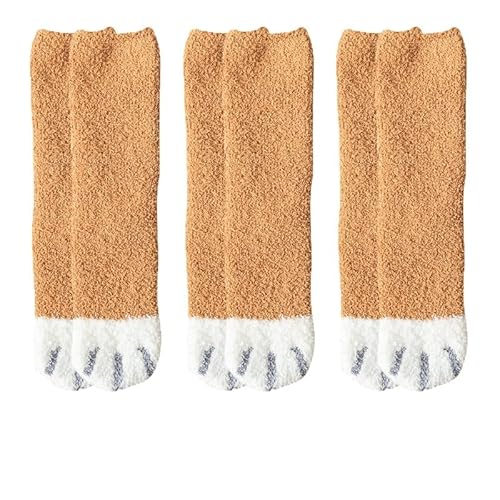 GIJMZY Flauschige Socken 3 paar Nette Katze Pfote Socken Frauen Winter Stretch Kontrast Farbe Korallen Fleece Verdicken Cartoon Schlaf Socke Fuzzy Gemütliche Plüsch warme Sox(3yellow) von GIJMZY