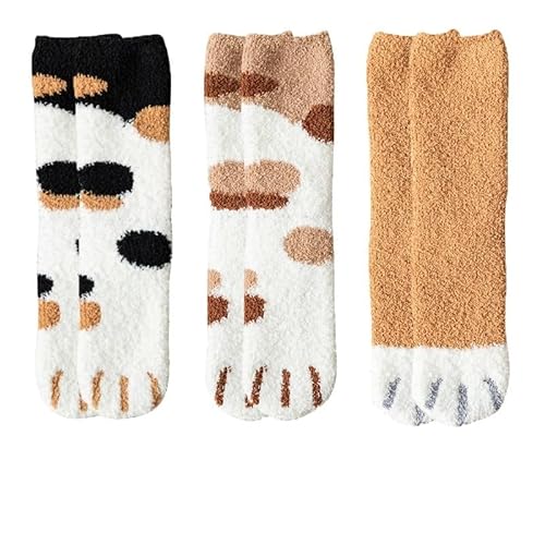 GIJMZY Flauschige Socken 3 paar Nette Katze Pfote Socken Frauen Winter Stretch Kontrast Farbe Korallen Fleece Verdicken Cartoon Schlaf Socke Fuzzy Gemütliche Plüsch warme Sox(Dot balck khaki yell) von GIJMZY
