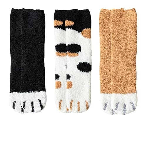 GIJMZY Flauschige Socken 3 paar Nette Katze Pfote Socken Frauen Winter Stretch Kontrast Farbe Korallen Fleece Verdicken Cartoon Schlaf Socke Fuzzy Gemütliche Plüsch warme Sox(Dot balck yellow bla) von GIJMZY