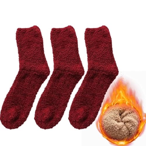 GIJMZY Flauschige Socken 3Pairs Winter Warme Korallen Fleece Socken Männer Feste Lose Schlafen Socken Samt Hause Flauschigen Strumpf Verdicken Thermische Sox(Wine red-3pairs) von GIJMZY