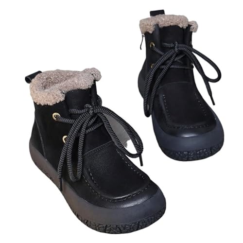 GIJMZY Schneestiefel Damen 4 cm Stiefeletten Leder Plattform Keil Herbst Motorrad Frühling Winter Plüsch Frauen Mode Schuhe(Black,39) von GIJMZY