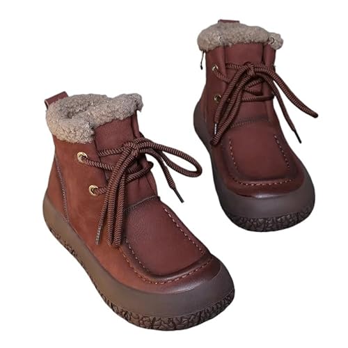 GIJMZY Schneestiefel Damen 4 cm Stiefeletten Leder Plattform Keil Herbst Motorrad Frühling Winter Plüsch Frauen Mode Schuhe(Coffee,38) von GIJMZY
