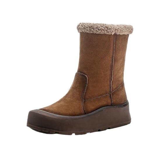 GIJMZY Schneestiefel Damen 4cm Kuh Wildleder Plateau Keilstiefel Flach Winter Knöchel Frühling Damen Weiche Schuhe(Brown,35) von GIJMZY