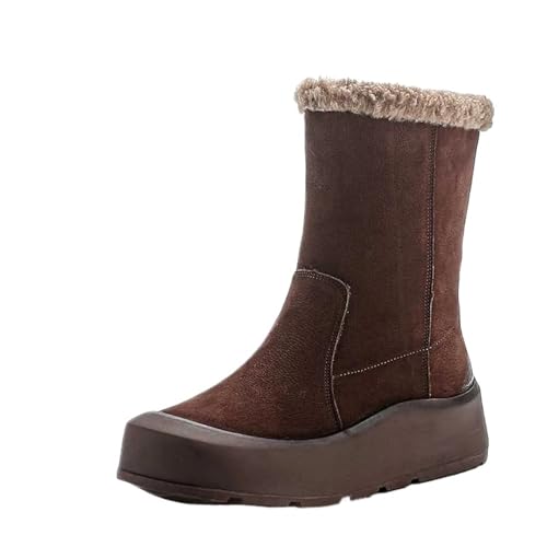 GIJMZY Schneestiefel Damen 4cm Kuh Wildleder Plateau Keilstiefel Flach Winter Knöchel Frühling Damen Weiche Schuhe(Coffee,37) von GIJMZY