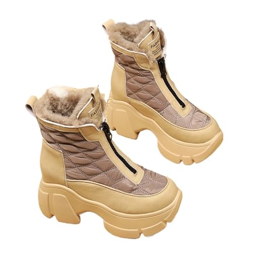 GIJMZY Schneestiefel Damen 8,5 cm Unten Leder Frauen Warme Herbst Winter Mode Heels Plüsch Plattform Keil Frühling Damen Booties Schuhe(Khaki,38) von GIJMZY