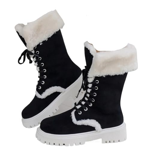 GIJMZY Schneestiefel Damen Frauen Stiefel Winter Mode Warme Schnee Plattform Wohnungen Stiefel Frauen Casual Komfortable Lace Up Schuhe for Frau(Black,42) von GIJMZY