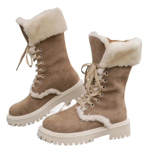 GIJMZY Schneestiefel Damen Frauen Stiefel Winter Mode Warme Schnee Plattform Wohnungen Stiefel Frauen Casual Komfortable Lace Up Schuhe for Frau(Brown,35) von GIJMZY