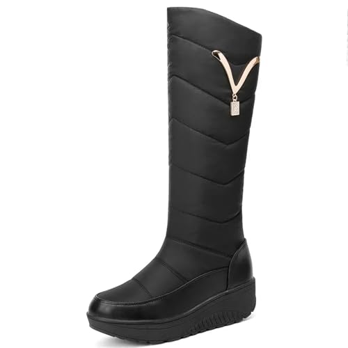 GIJMZY Schneestiefel Damen Warme Damen-Schneestiefel, Plüsch-Winterschuhe, wasserdicht, modisch, lässig, kniehoher Keilstiefel, große Größe(Black,36) von GIJMZY