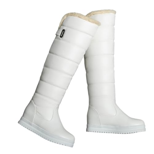 GIJMZY Schneestiefel Damen Winter Warm Rosa Weiß Schnee Stiefel Frauen Schuhe Low Heels Kniehohe Stiefel Weibliche Plattform Plüsch Lange Boote Mujer Schwarz(White Slip-on,42) von GIJMZY