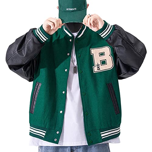 GIJOVANA College Jacke Herren Oldschool Sportjacke Varsity Jacket Patchwork Collegiate Baseballjacke Stehkragen Streetwear(Grün,2XL) von GIJOVANA