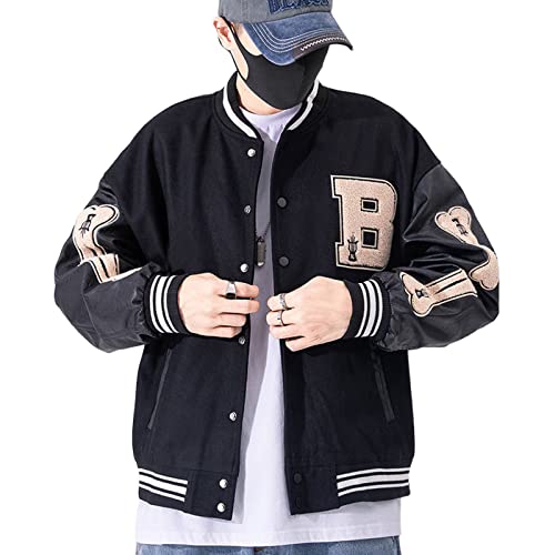 GIJOVANA College Jacke Herren Oldschool Sportjacke Varsity Jacket Patchwork Collegiate Baseballjacke Stehkragen Streetwear(Schwarz,S) von GIJOVANA