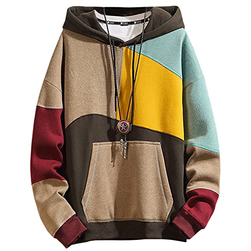 GIJOVANA Hoodie Herren Pullover Langarm Sweatshirt In Farbblock Casual Streetwear Kapuzenpullover mit Kordelzug und Tasche Techwear Hip Hop(Khaki,5XL) von GIJOVANA