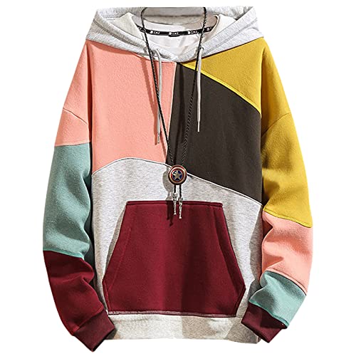 GIJOVANA Hoodie Herren Pullover Langarm Sweatshirt In Farbblock Casual Streetwear Kapuzenpullover mit Kordelzug und Tasche Techwear Hip Hop(Rosa,4XL) von GIJOVANA