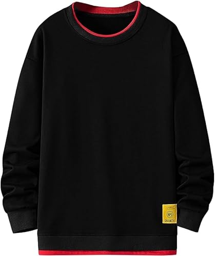 GIJOVANA Pullover Herren Sweatshirt Ohne Kapuze Basic Kontrastfarbenes Langarmshirt Streetwear Sweater Mit Doppeltem Saum Unisex Crewneck(Schwarz,3XL) von GIJOVANA